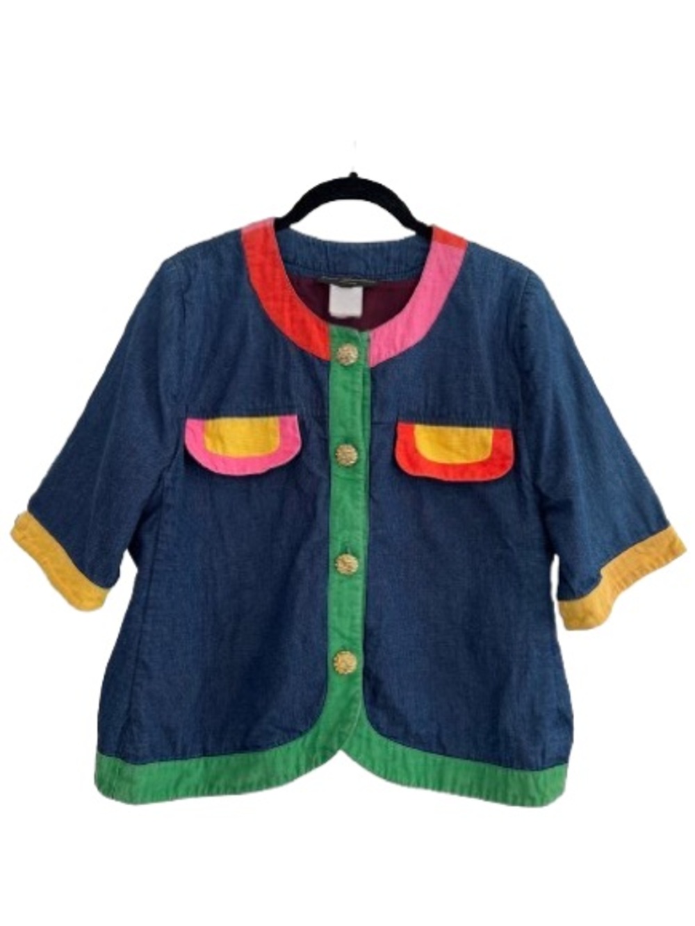 Vintage Roni Blanshay Denim Colorful Button Down Jacket Top Short Sleeve